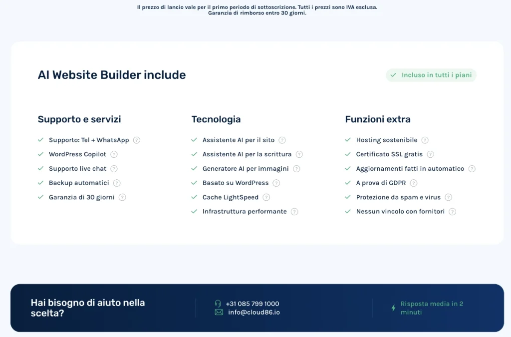 Cosa è incluso nei piani di AI Website Builder di Cloud86